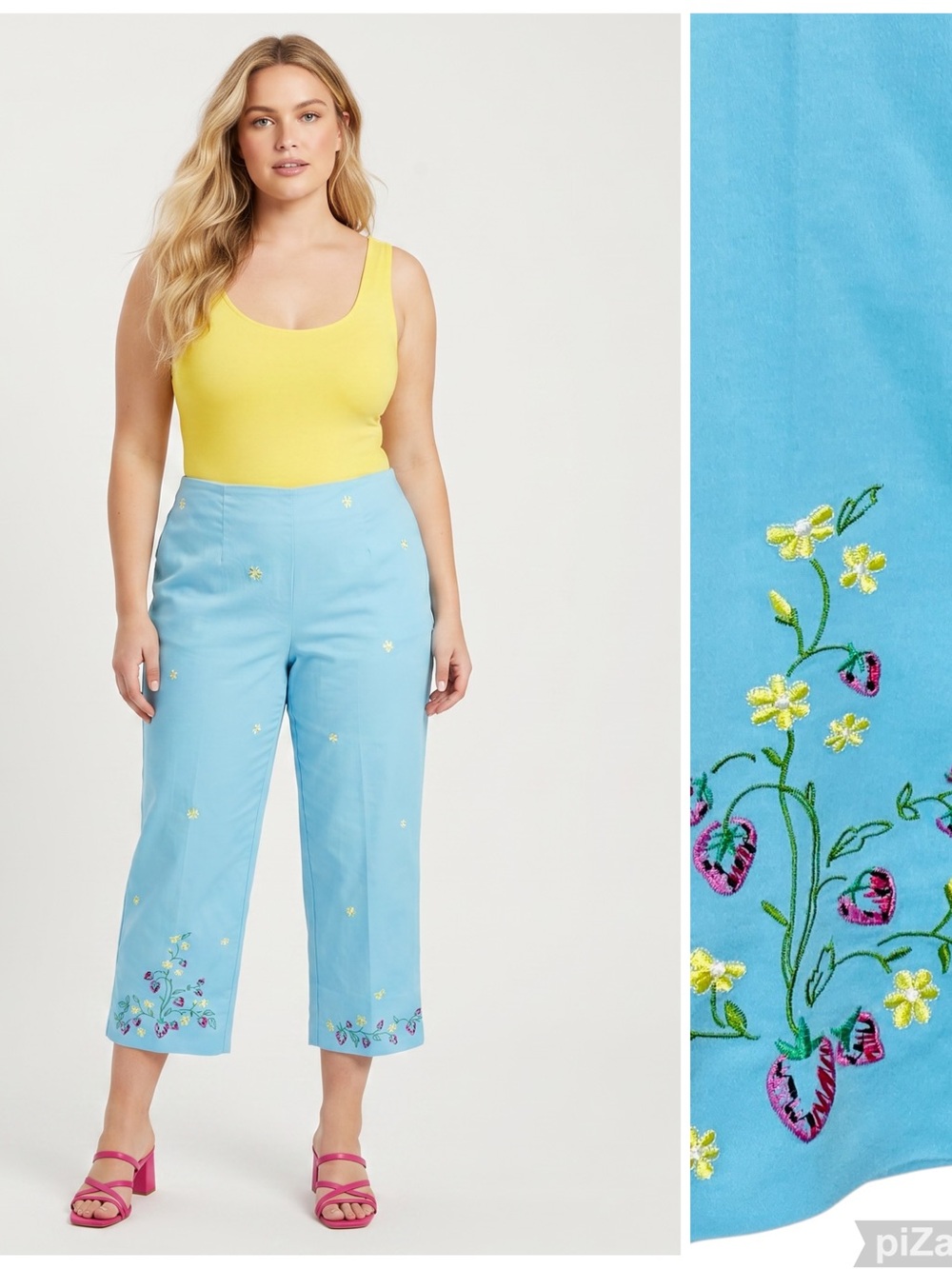 VINTAGE REQUIREMENTS Strawberry & Floral Embroidered Capri Pants